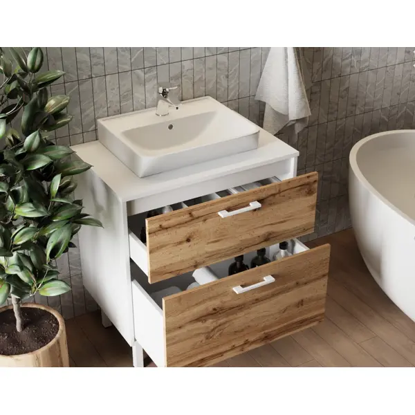 Тумба JUVENTA Afina Af-70 біла дуб вотан зі стільницею МДФ та умивальником Neon-45