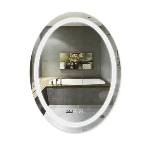 Дзеркало Qtap Mideya настінне овальне з LED-підсвічуванням Touch, з антизапотіванням, з годинником, димером, рег. яскравості 500х700 мм 45629